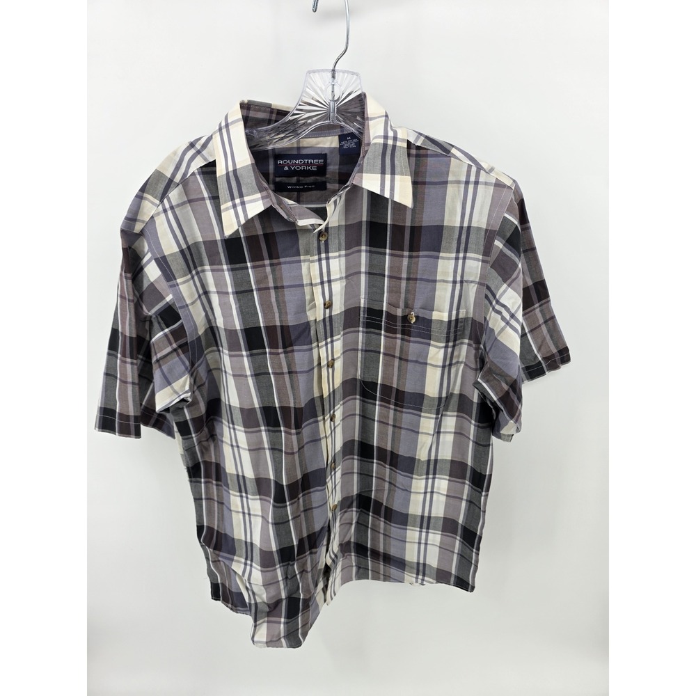 Roundtree & Yorke Mens Grey Black Plaid Short Sleeve Button Down Shirt Size M